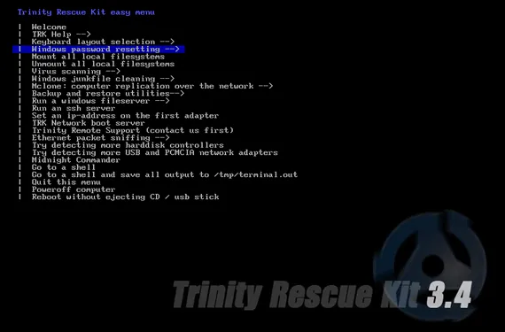 Programa para quebrar a senha do Windows - Trinity Rescue Kit