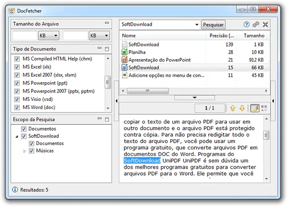 Programa para pesquisar arquivos no Windows - DocFetcher