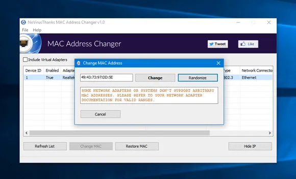 novirusthanks mac address changer